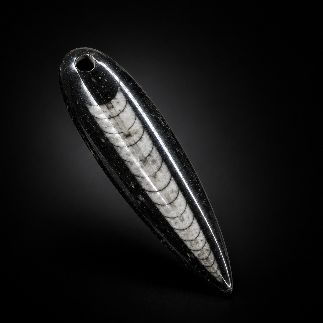 Black and white striped pendant on a black background