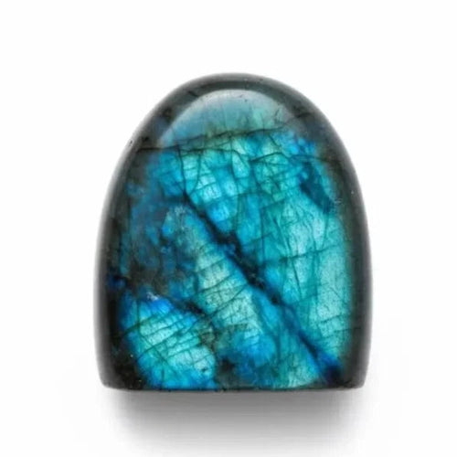 Polished labradorite freeform crystal with vivid blue flash, approximately 5cm tall, standing display piece