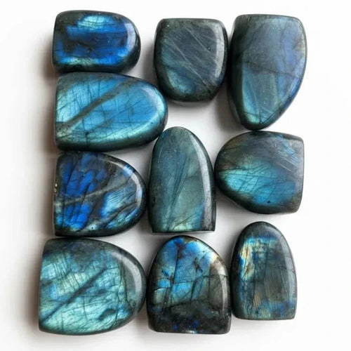 Selection of polished labradorite freeform crystals with blue flash, approximately 5cm each, natural variations shown