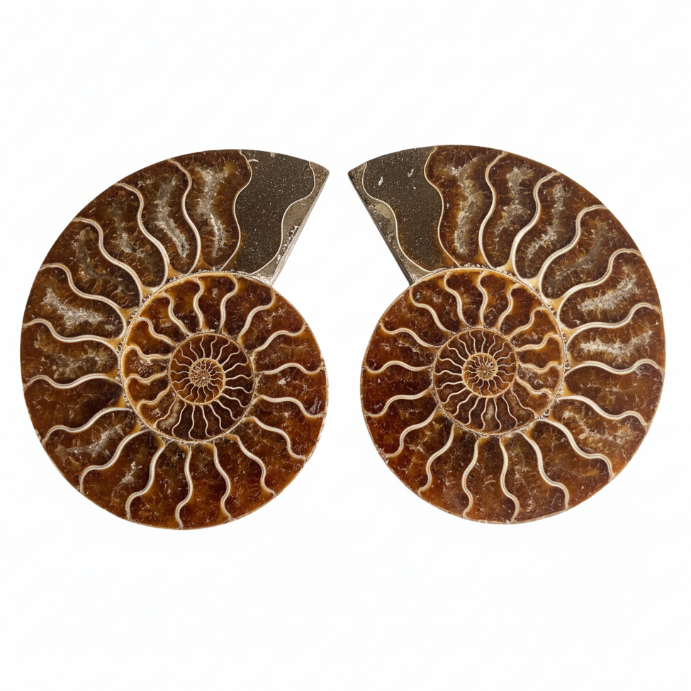 Polished ammonite fossil pair from Morocco, natural split ammonites measuring approximately 2–3 cm