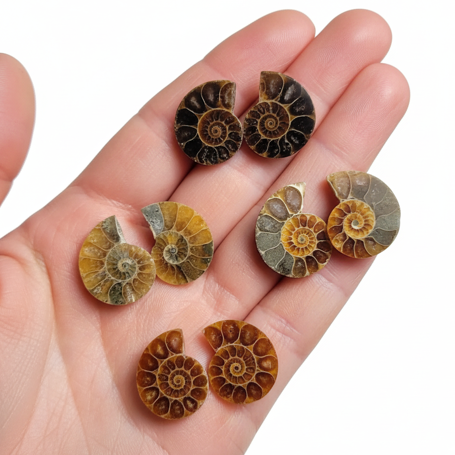 Polished ammonite fossil pairs shown on a hand for size reference, natural colour variation, approximately 2–3 cm