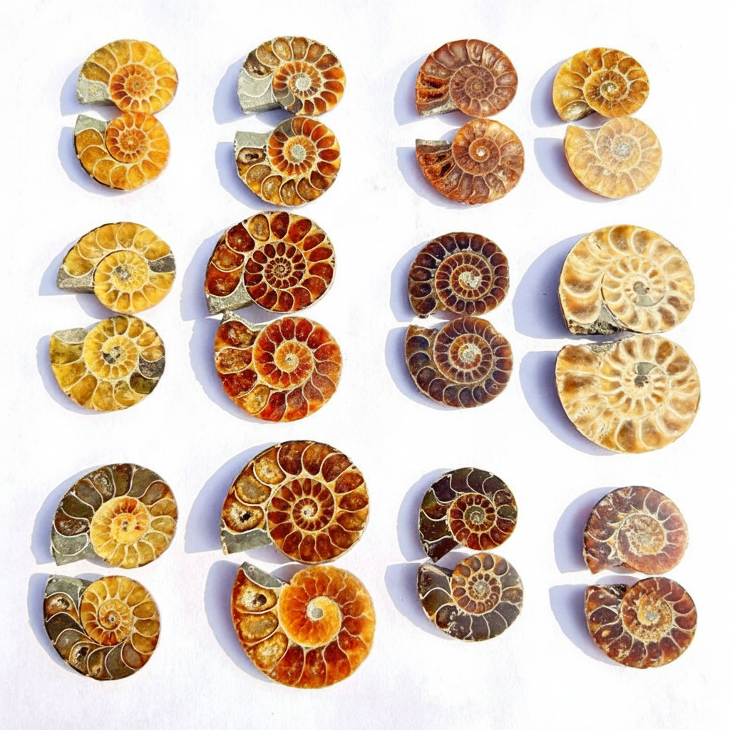 Selection of polished ammonite fossil pairs from Morocco showing natural colour and pattern variations, 2–3 cm