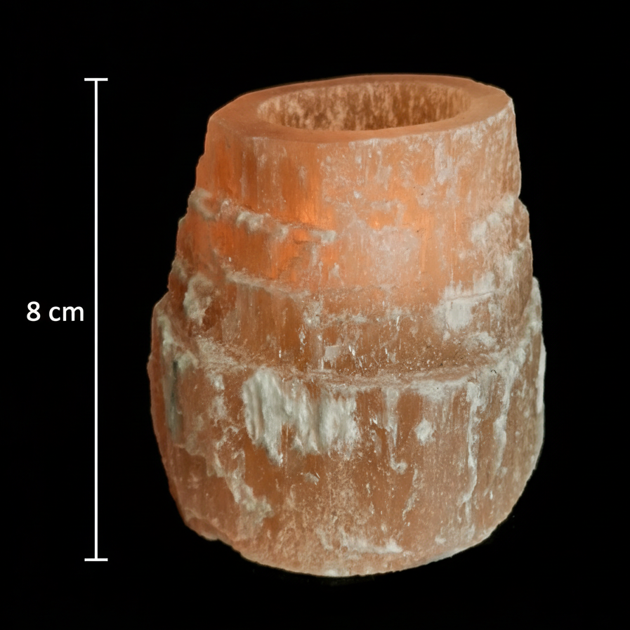 8cm natural red selenite candle holder with vertical measurement scale on black background