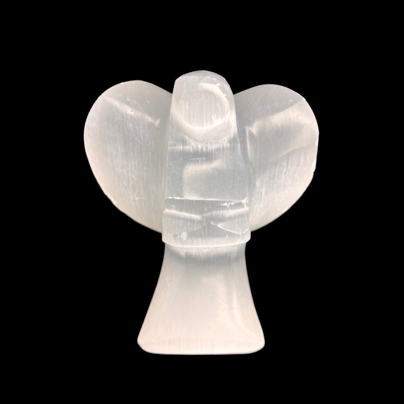 10cm carved selenite angel figurine made from natural Moroccan selenite on black background