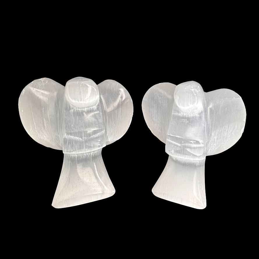 Pair of 10cm carved selenite angel crystals made from natural Moroccan selenite on black background
