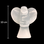 10cm selenite angel carved from natural Moroccan selenite displayed with vertical measurement scale on black background