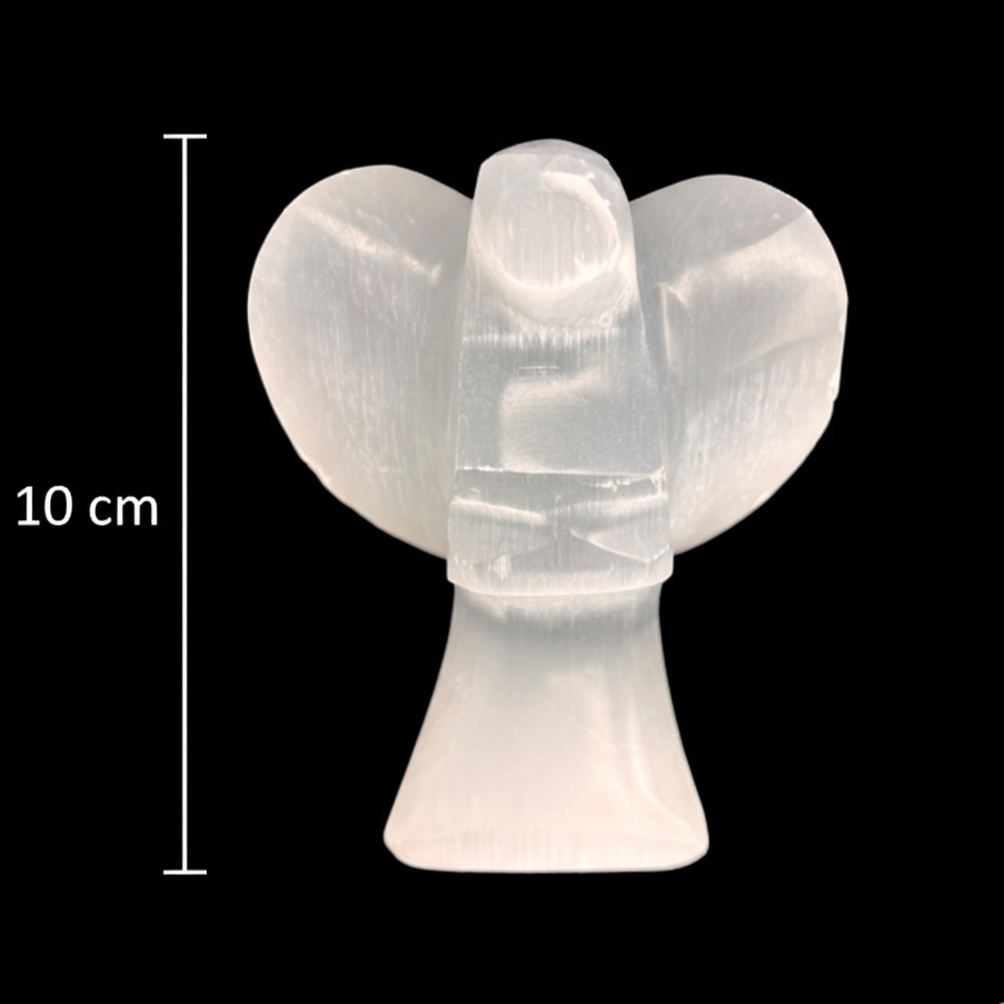 10cm selenite angel carved from natural Moroccan selenite displayed with vertical measurement scale on black background