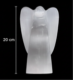 20 cm natural selenite angel lamp on black background with size measurement
