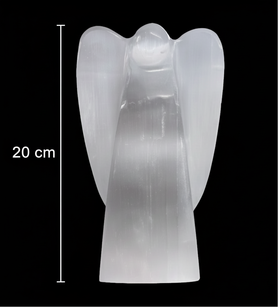 20 cm natural selenite angel lamp on black background with size measurement
