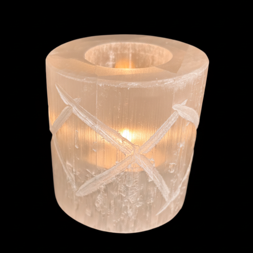 Lit tealight inside natural selenite diamond candle holder creating soft warm glow