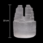 10cm polished selenite double mountain tower crystal on black background with vertical measurement scale