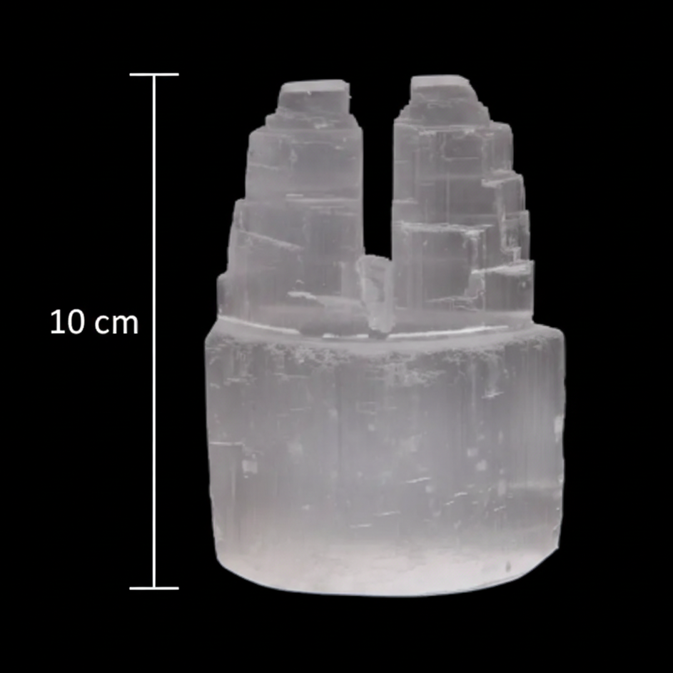 10cm polished selenite double mountain tower crystal on black background with vertical measurement scale