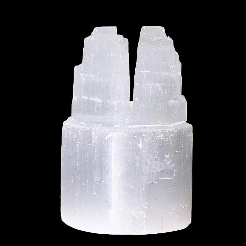Polished selenite double mountain tower crystal carved from natural Moroccan selenite on black background