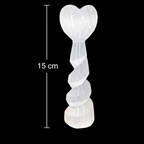 15cm polished selenite heart spiral tower crystal carved from natural Moroccan selenite with vertical measurement scale on black background
