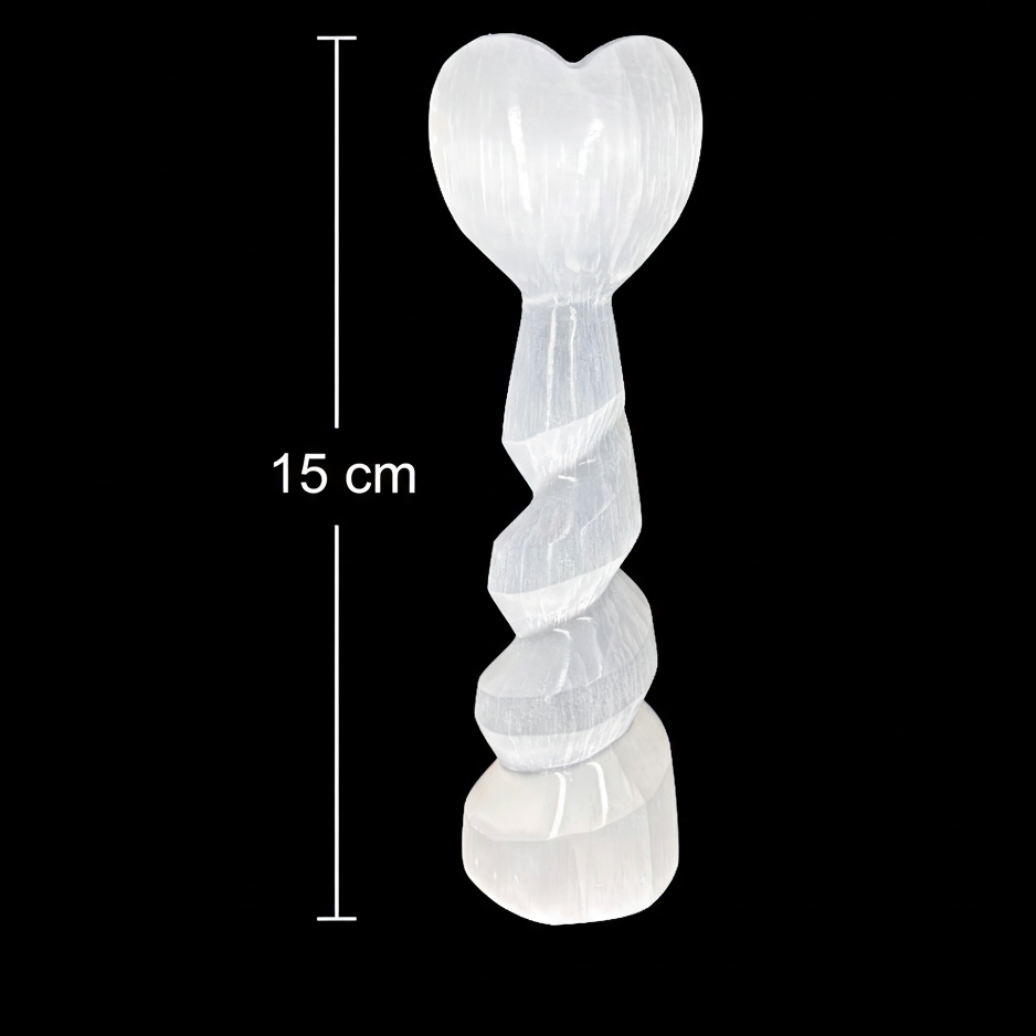 15cm polished selenite heart spiral tower crystal carved from natural Moroccan selenite with vertical measurement scale on black background