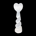 15cm polished selenite heart spiral tower crystal carved from natural Moroccan selenite with measurement scale on black background