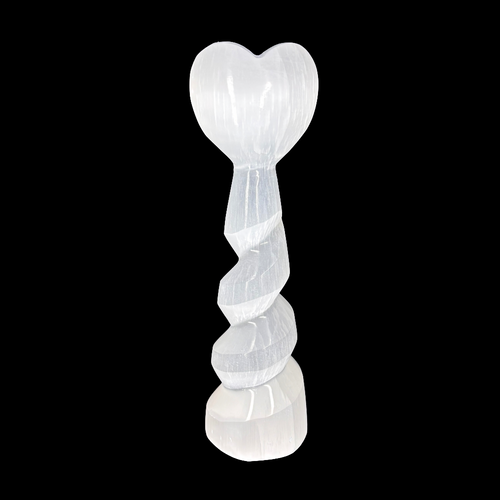 15cm polished selenite heart spiral tower crystal carved from natural Moroccan selenite with measurement scale on black background