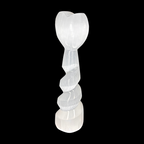 15cm polished selenite heart spiral tower crystal carved from natural Moroccan selenite with vertical measurement scale on black background