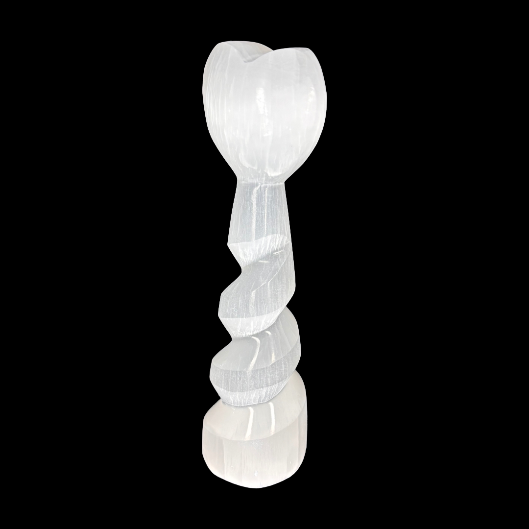 15cm polished selenite heart spiral tower crystal carved from natural Moroccan selenite with vertical measurement scale on black background