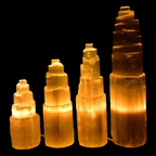 Selenite mountain lamp size comparison showing 15 cm, 20 cm, 25 cm and 30 cm

