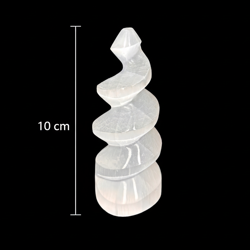 10cm polished selenite spiral crystal tower displayed on black background with size measurement