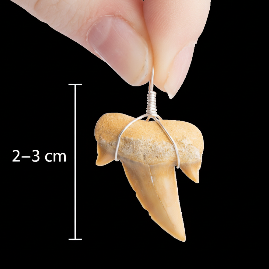 2–3cm natural shark tooth pendant with wire wrapping shown with vertical measurement scale