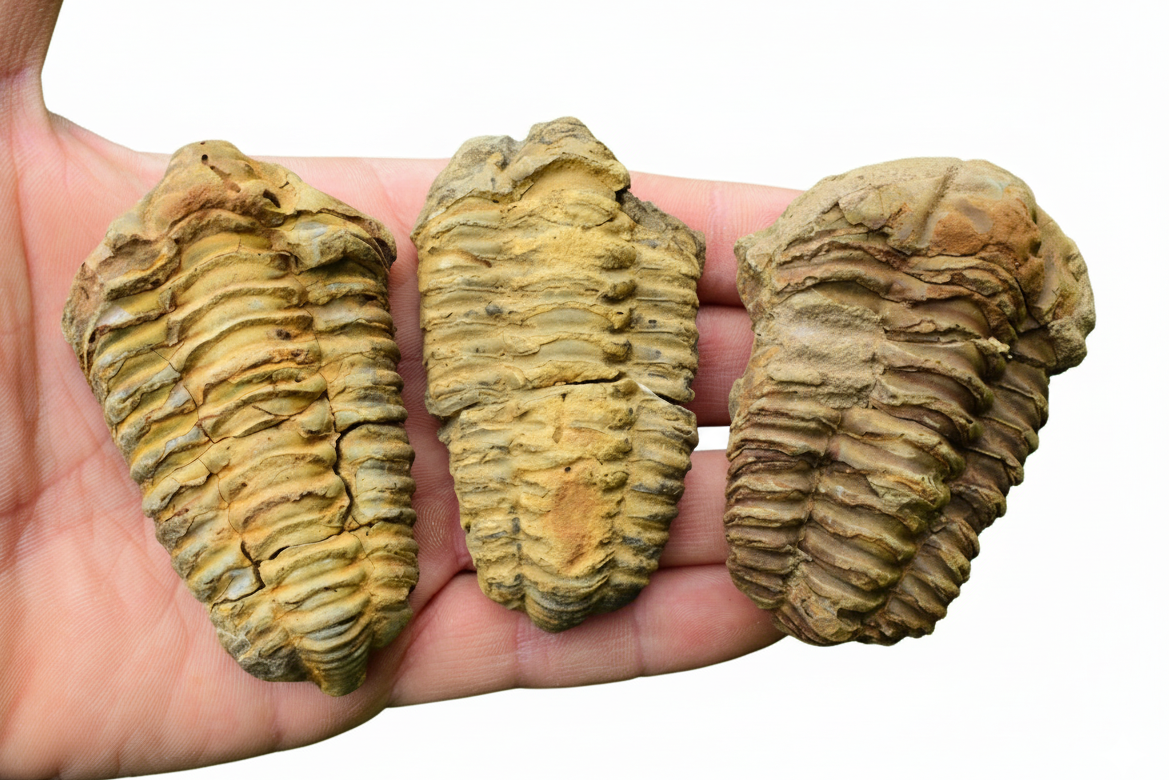 Trilobite fossils shown in hand for size reference natural fossils Morocco